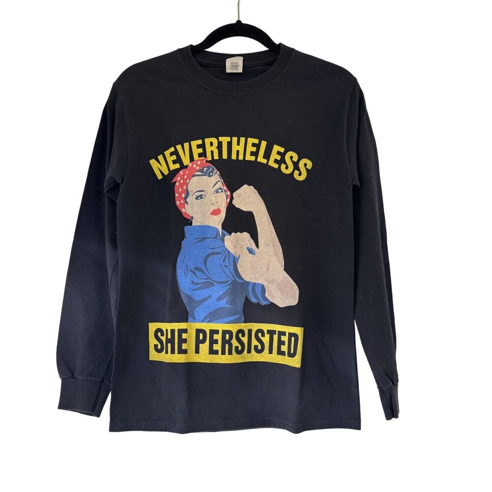 Nevertheless She Persisted Rosie the Riveter Graphic Long Sleeve Tee Black Small